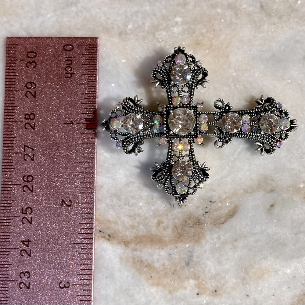 Rhinestone AB Crystals Victorian Baroque Cross Pendant Brooch Silver Finish - Picture 6 of 7
